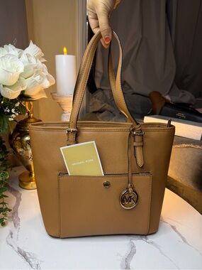 Michael Kors Camel Brown Saffiano Leather Tote with MK Charm